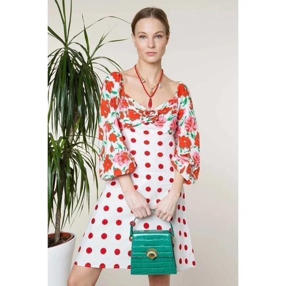 Rixo Rosemarie Mini Dress White Red Polka Dot Floral Size XS - Picture 1 of 13